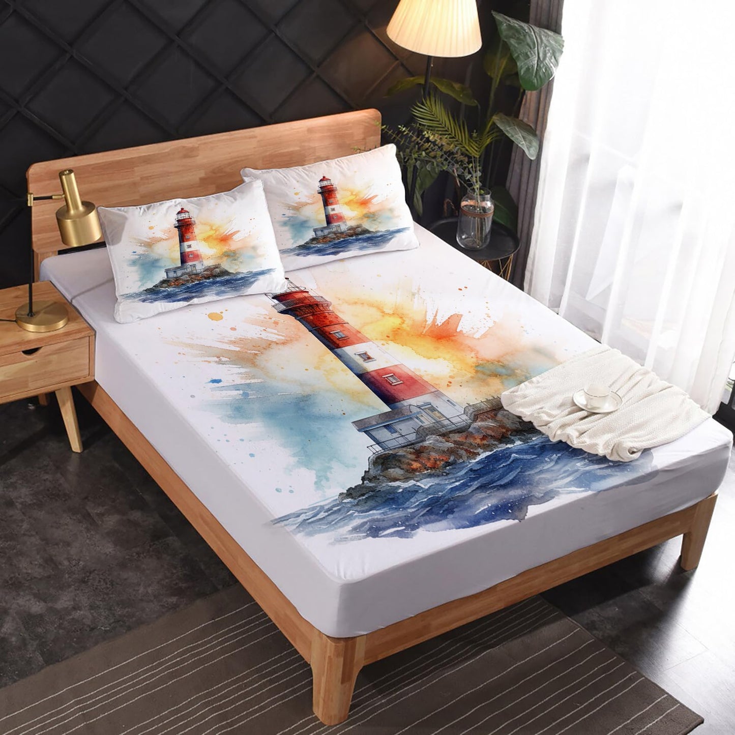 Lighthouse Sheets King Sheet Sets - Nautical Bed Sheets, Soft Microfiber & Deep Pocket & Wrinkle Free Patterned Bedding Sheets & Pillowcases, 4 Piece ( 1 Fitted Sheet, 1 Flat Sheet, 2 Pillow Cases )