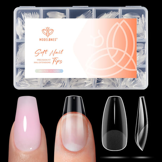 modelones Short Coffin Nail Tips, 360pcs Pre-etched 15 Sizes Clear Fake X Nail Gel Press On Full Cover Half Matte Acrylic Gel Tips for Extension Salon