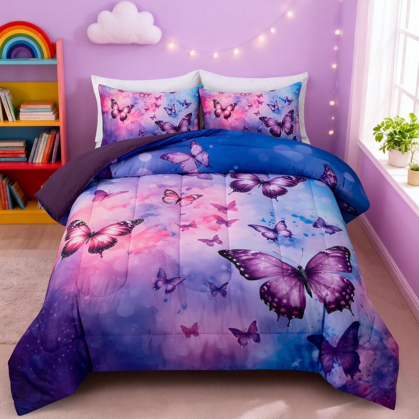 Btargot 3 Piece Butterfly Pattern Girls Comforter Set, Colorful Ink Stick Printing Bedding Set for Women, Pink Purple Full