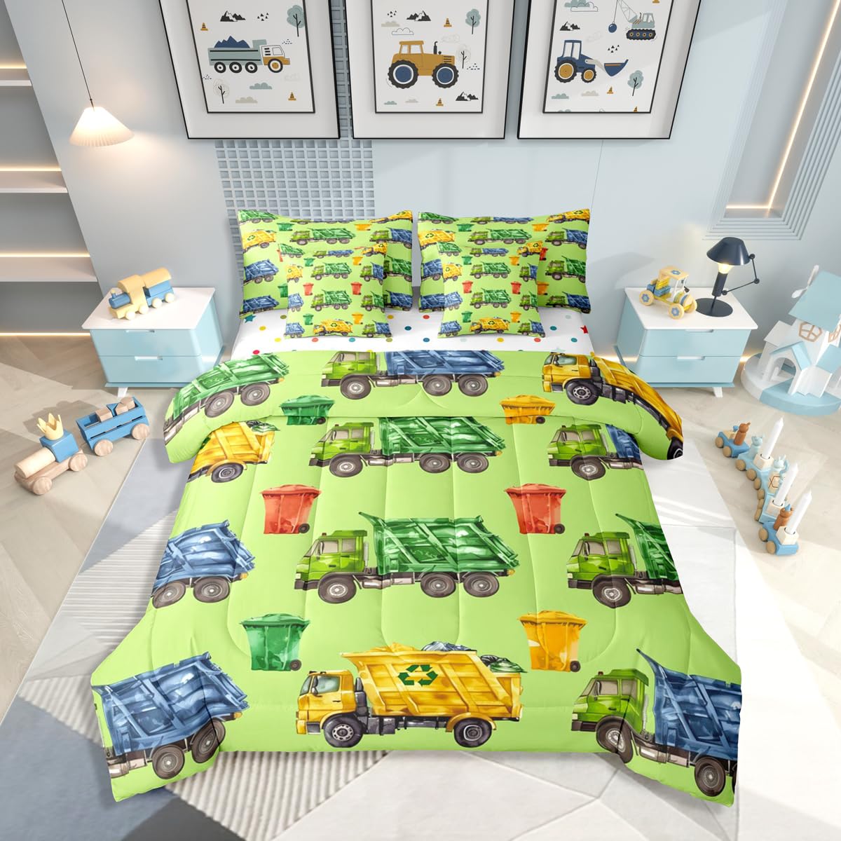 Erosebridal Boys Garbage Trucks Twin 7-Piece Bedding Set, Trash Truck Comforter Set with Sheets, Cartoon Car Bed in A Bag for Teens Men Kids Room Decor, Colourful Trash Cans Green Bed Sets
