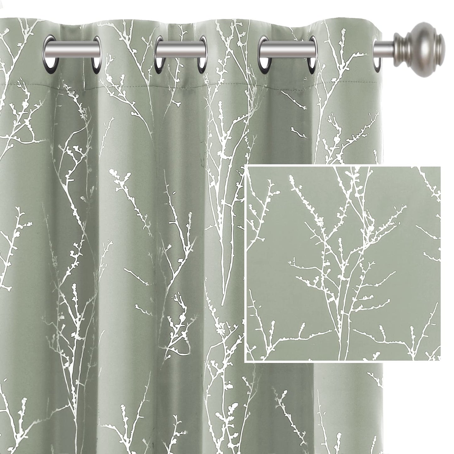 H.VERSAILTEX Blackout Curtains for Bedroom Foil Print Twig Tree Branch Thermal Insulated Grommet Curtain Drapes Light Blocking Thick Soft Window Curtains for Living 52 x 84 Inch, 2 Panels, Sage