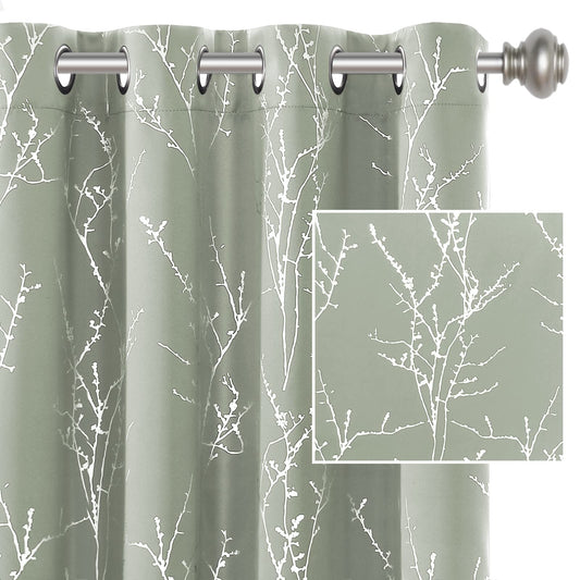 H.VERSAILTEX Blackout Curtains for Bedroom Foil Print Twig Tree Branch Thermal Insulated Grommet Curtain Drapes Light Blocking Thick Soft Window Curtains for Living 52 x 84 Inch, 2 Panels, Sage