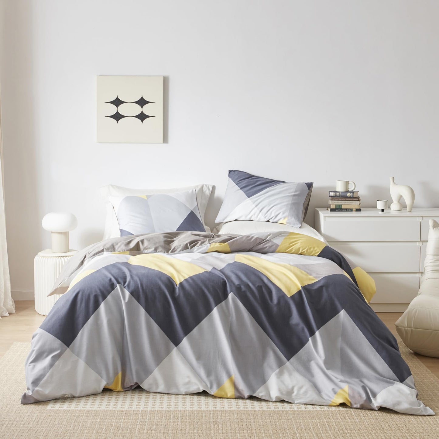 SUSYBAO Reversible Striped Duvet Cover Queen 100% Cotton 3 Pcs Set 1 Blue Yellow Chevron Pattern Duvet Cover with Zipper Ties 2 Pillowcases Neutral Grey Geometric Print Bedding Set Soft