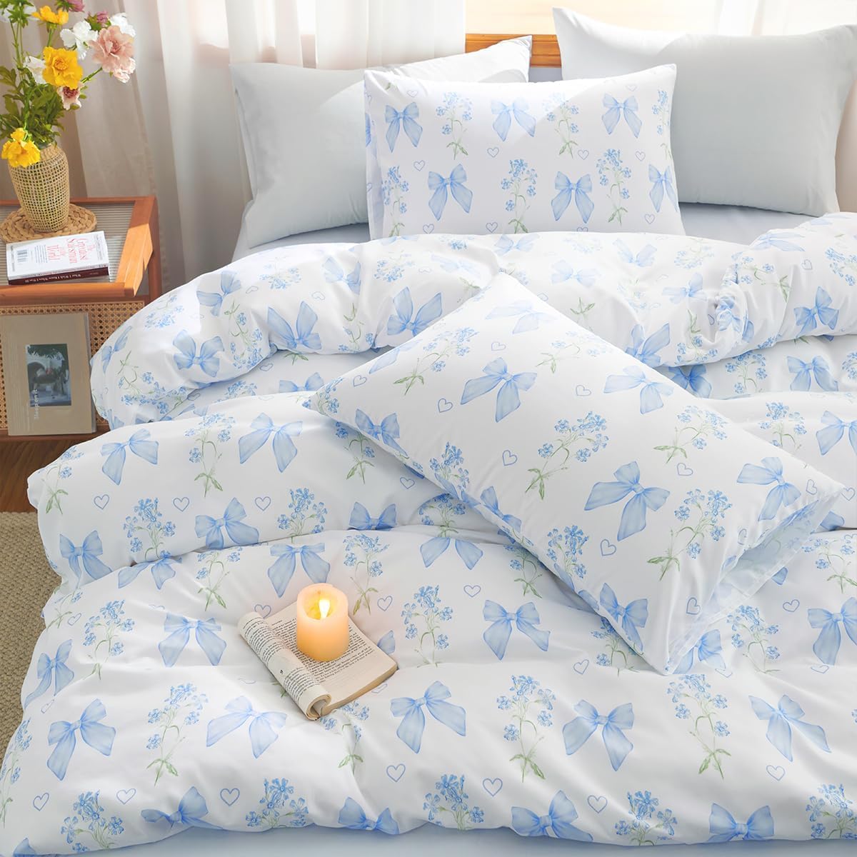 Sedefen Floral Duvet Cover Set Queen Size, 3 Pieces Blue Bow Bedding Set with Cute Heart Pattern, Romantic Spring Botanical Flower Soft Microfiber Duvet Cover for Kids Girls Bedroom & Princess Decor