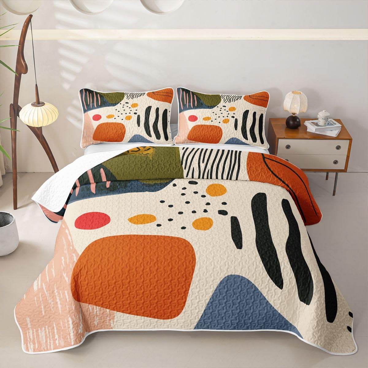 Erosebridal Mid Century Boho King Quilt Bedding Set Boho Orange Abstract Summer Lightweight Bedspread Geometric Aesthetic Coverlet for Kids Adults Contemporary Minimalist Quilted Comforter 3 Pieces