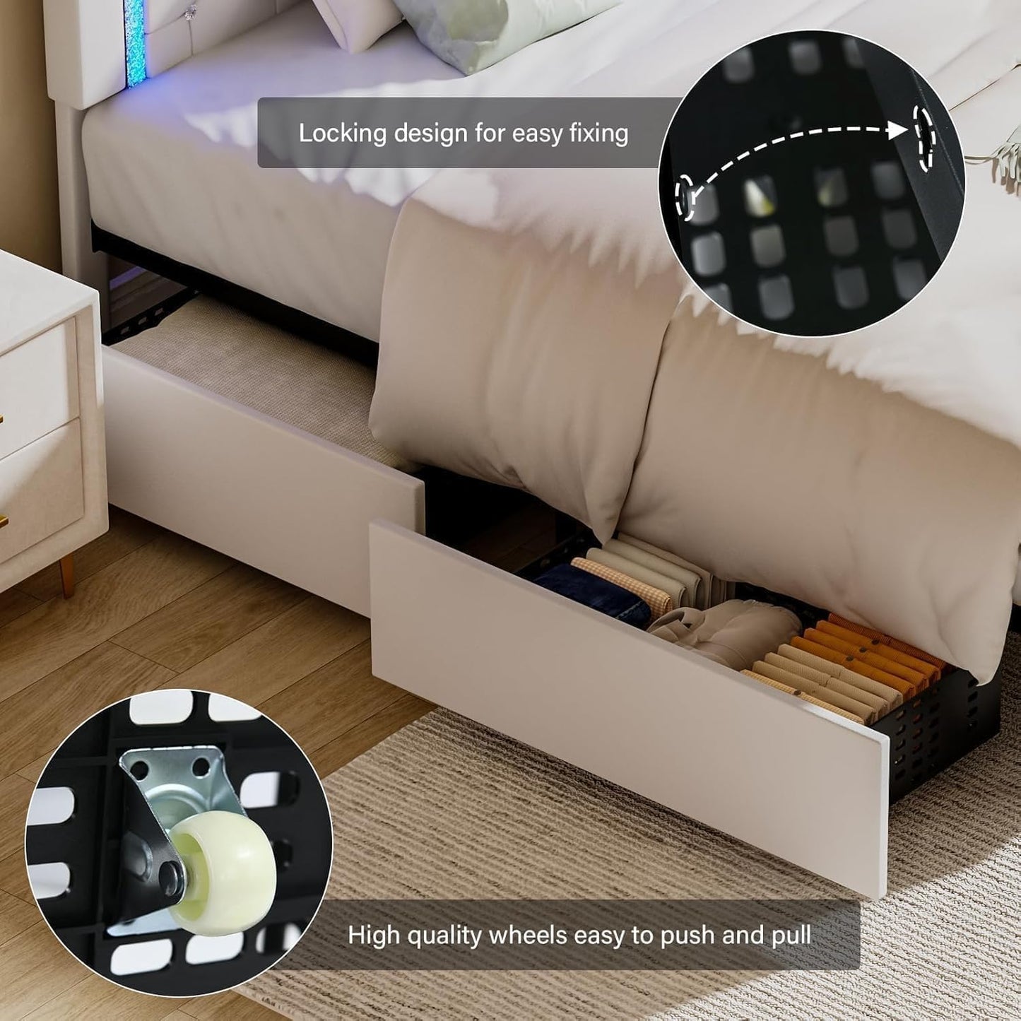 BarnFurin Twin Bed Frames with Storage Drawers and LED Lights, Upholstered Bed with Crystal Tufted Headboard, Princess Platform Bed with Wooden Slats Support, No Box Spring Needed, White