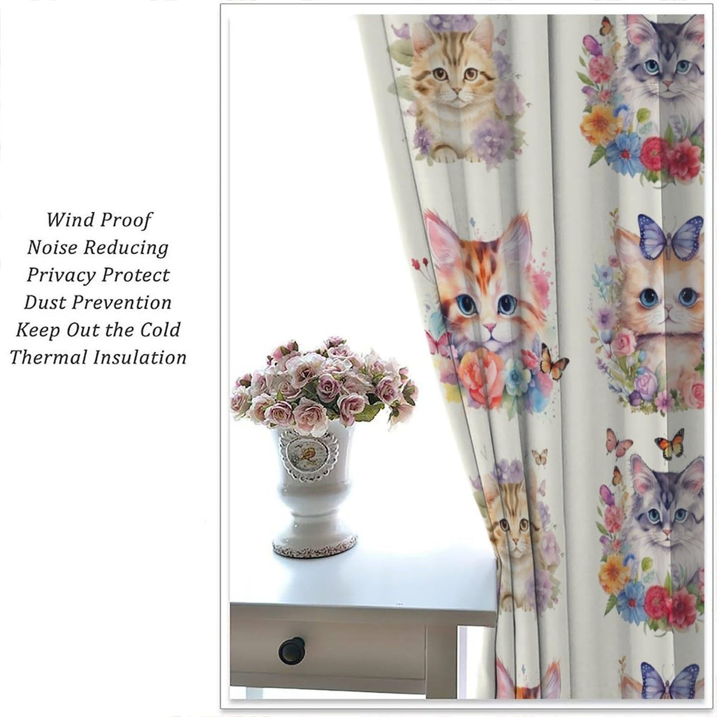 VUMIVI Watercolor Flower Cat Curtains Colorful Cartoon Cute Animals Butterflies Abstract Art Print Rod Pocket Window Treatments for Kids Boys Girls Bedroom Kitchen Living Dining Cafe 42" W X 44.5" L