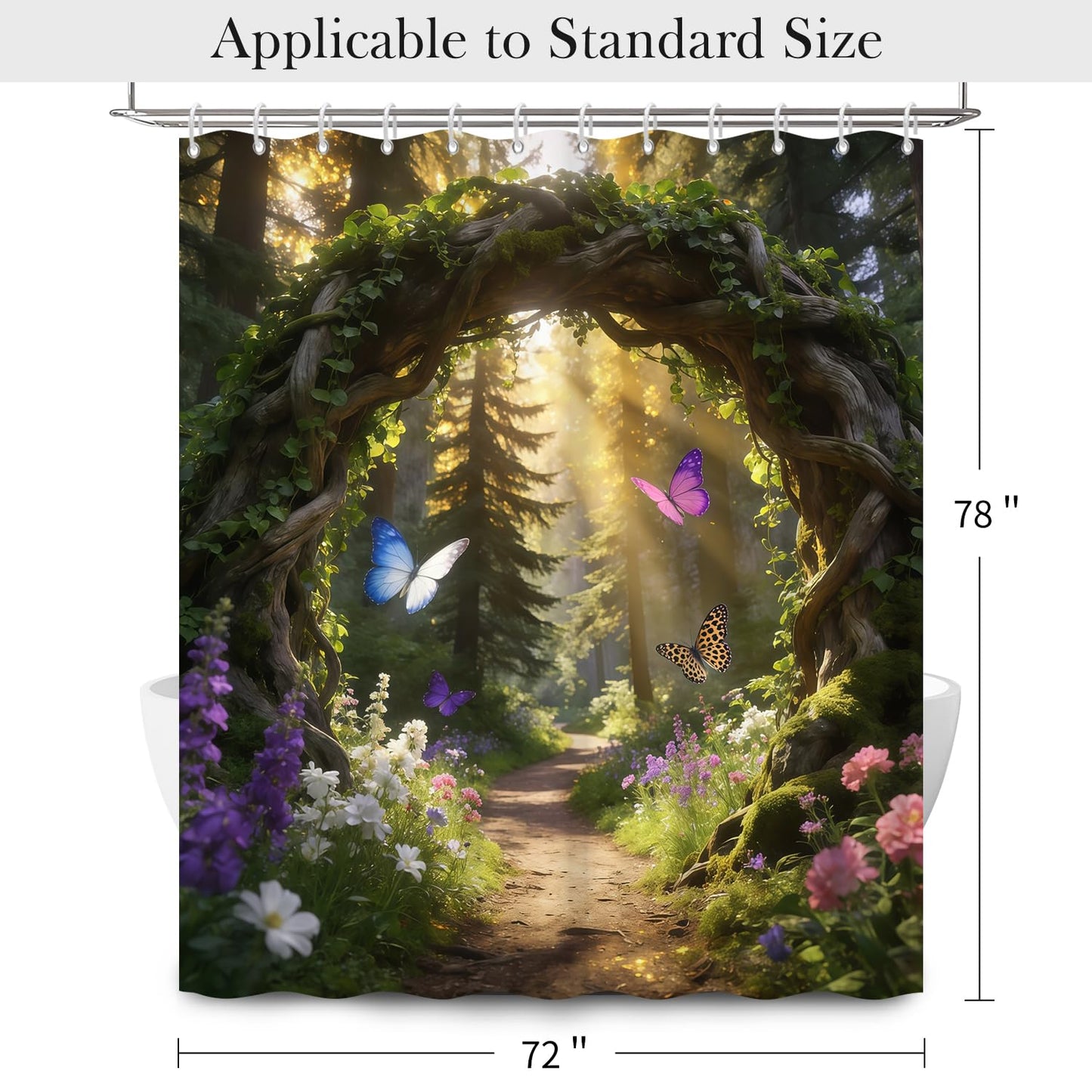 NAEMBCU Enchanted Forest Shower Curtain with Hooks - 72x78 Inch Extra Long Waterproof Fabric Bathroom Curtain with Butterfly, Wildflower and Woodland Path Design, Nature Scene Bath Curtain Decor