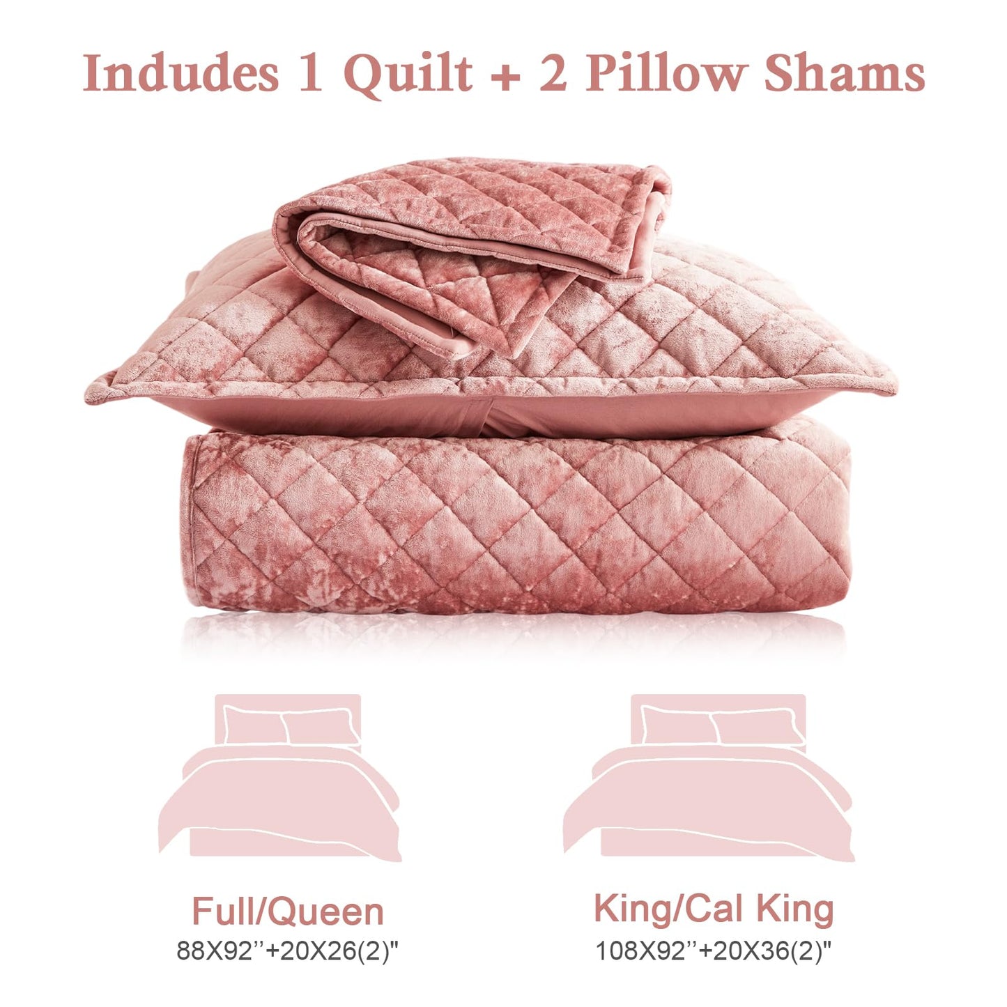 Cosybay Luxury Velvet Quilt Set Queen, Lightweight Oversized Bedspread Coverlet Quilted Box Stitch Bedding Set, with 2 Matching Pillow Shams, for All Season, Rose Pink