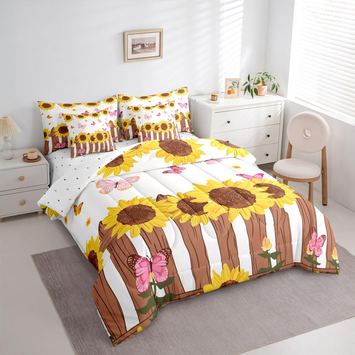 Erosebridal Sunflower 7 Piece Bedding Set Twin Butterflies Comforter Set with Sheets Cute Pink Butterfly Farmhouse Cartoon for Kids Boys Girls Yellow Petals Bud Wooden Fence Bed in a Bag