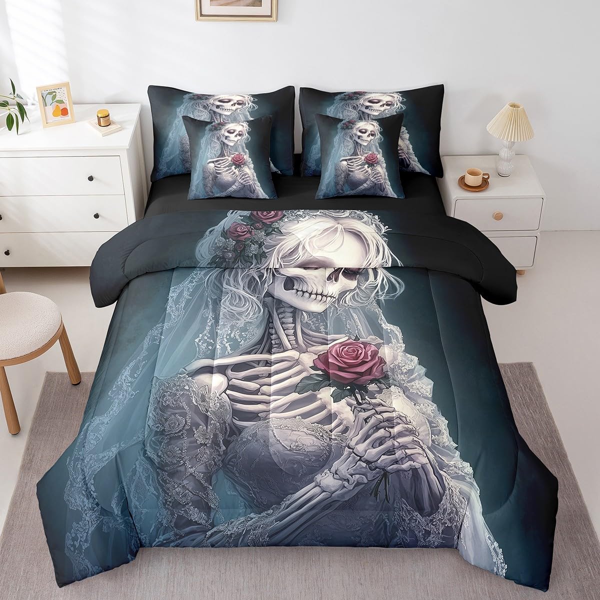 Erosebridal Roses Skull 7 Piece Bedding Set Skeleton Bride Bed in A Bag Wedding Anniversary Valentines Day Comforter Set Full Size for Adults Men Women,Romantic Flowers Skull Bed Set