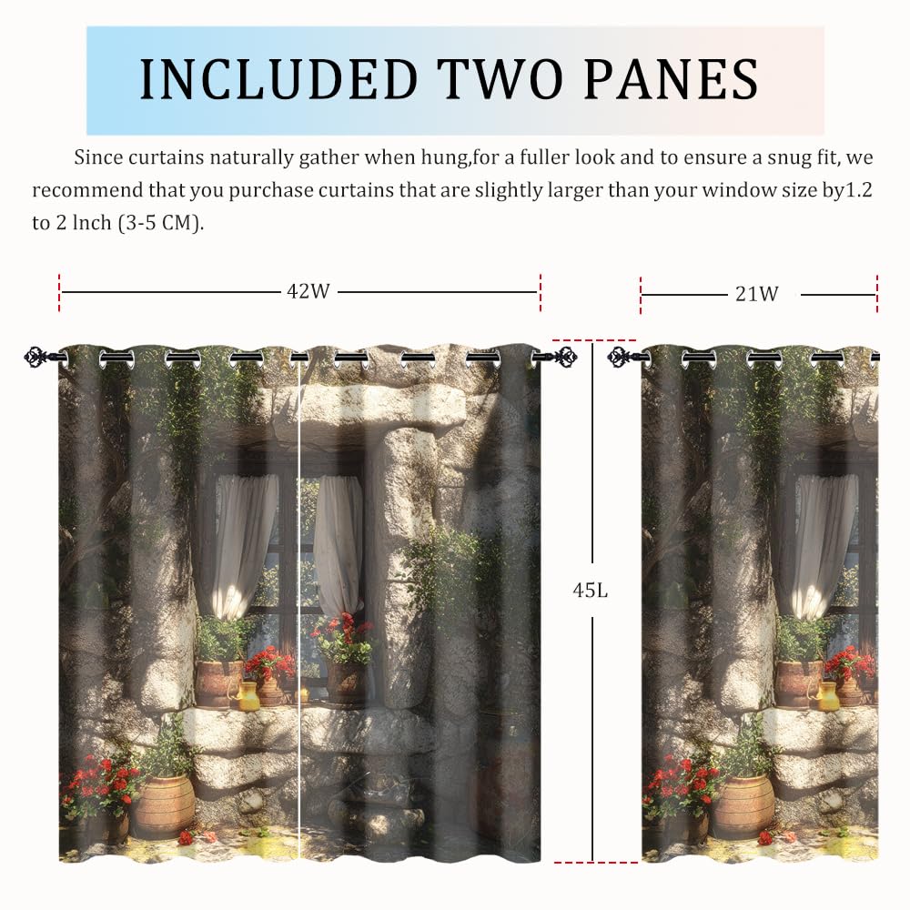 XSUPFLYM Beautiful Retro Spring Garden Window Perforated Curtains Romantic Retro Stone Wall Plant Flowers Pattern Thermal Curtains Suitable for Bedroom 2 Panels Each 21" W x 45" L