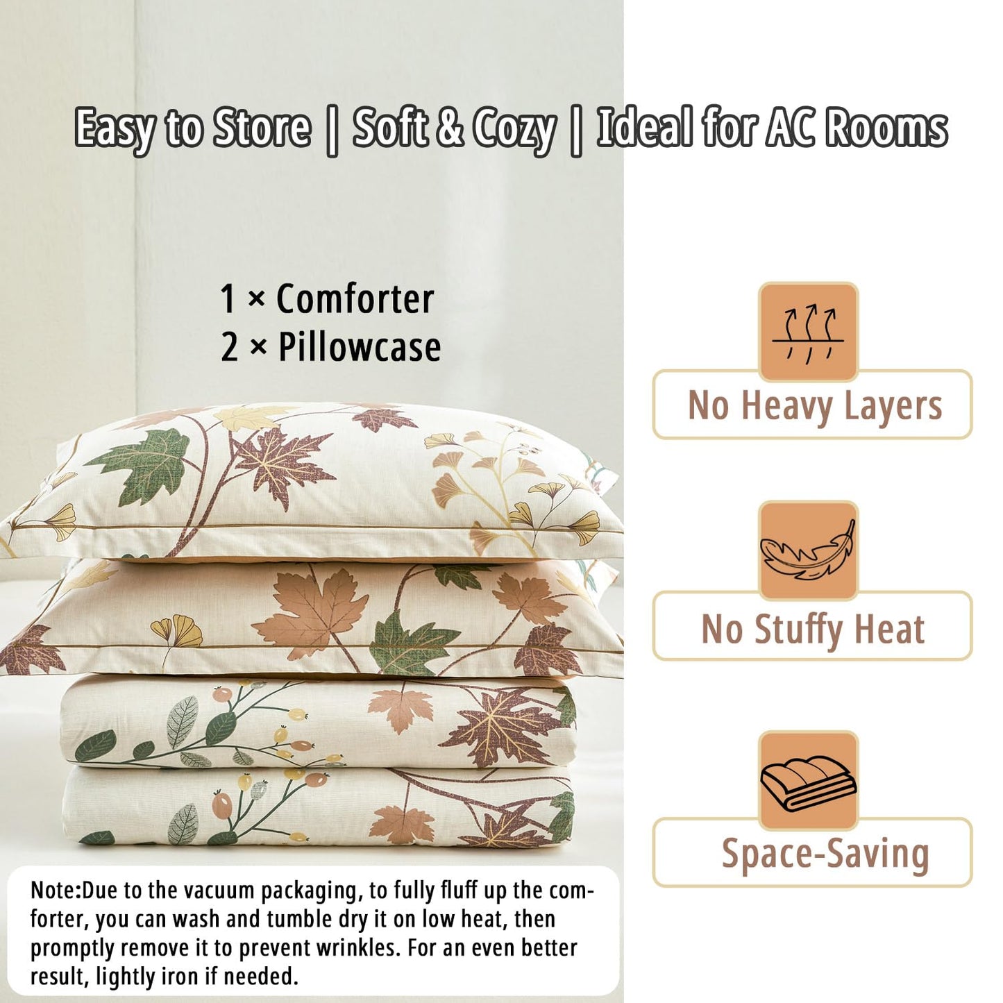 LEMIROE Botanical Cotton Comforter King Size - Luxurious Design with Maple Leaves and Branches on Beige, Textured Maple Orange Back, 3PC Lightweight Bedding Set with Ultra-Soft Alternative Fill