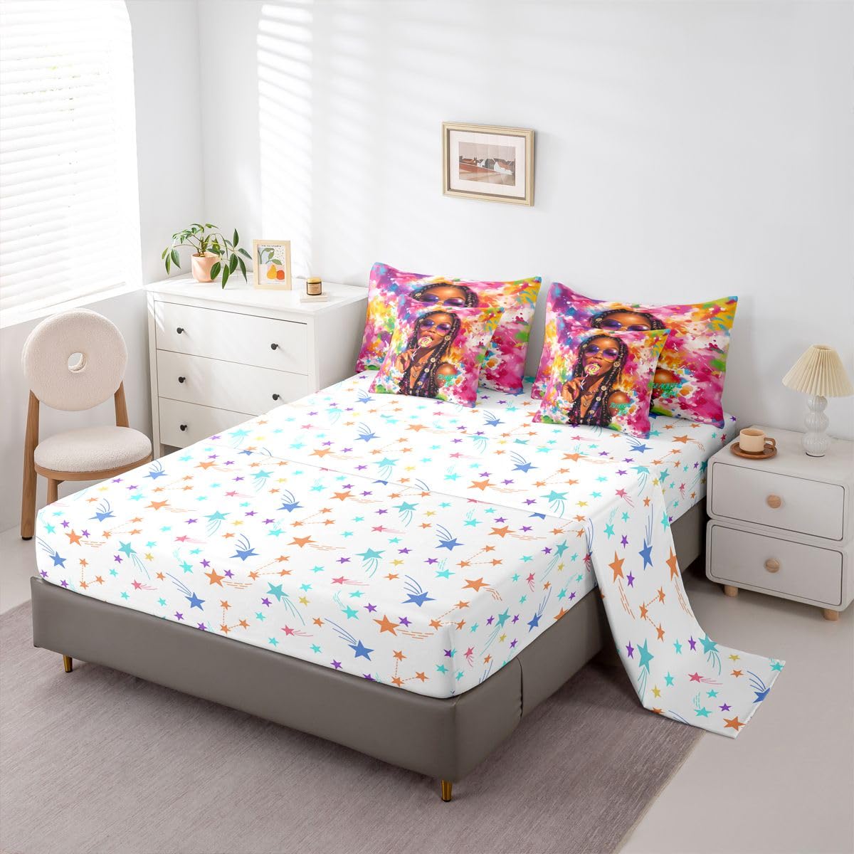 Erosebridal Cute Black Girls Queen Bedding Set Y2K Colorful Splash Paint Comforter Set Teen Stylish Multicolor Art 7-Piece Bed in a Bag Vibrant Aesthetic Watercolor Quilt Sets