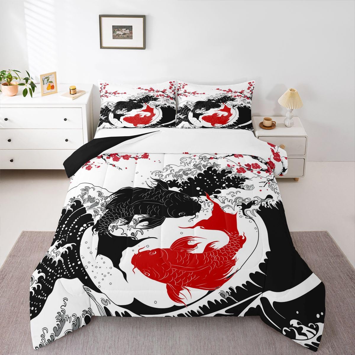 Erosebridal Koi Fish Bedding Full,Cherry Blossoms Comforter Set Japanese Waves Bed Sets Yin Yang Duvet Insert 3 Pieces (Black White)