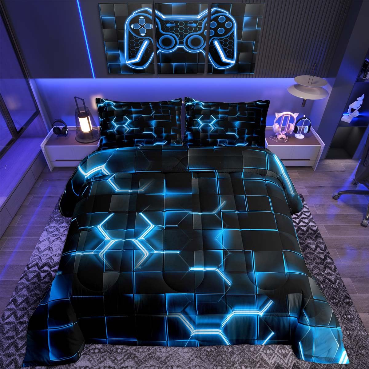 Feelyou Blue and Black Bedding Set Full Size Honeycomb Comforter Set for Kids Boys Girls Decor Hexagon Theme Comforter Geometrical Beehive Duvet Set