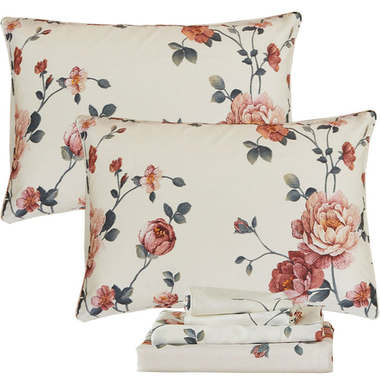 FADFAY Sheets Set Queen Shabby Beige Floral Bedding Elegant Peony Sheets Set Vintage Flower Bedding Collections Soft 100% Egyptian Cotton 800 Thread Count Deep Pocket Fitted Sheet, 4Pcs-Queen Size