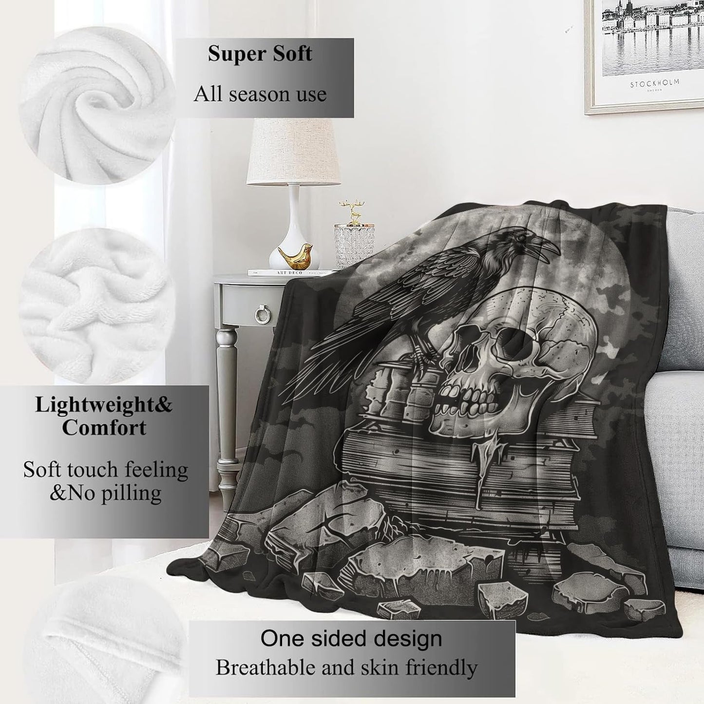 VODRM Gothic Skull Blanket,Goth Black Raven Spooky Throw Blankets,Gifts for Women Men, Lightweight Soft Fleece Cozy,for Sofa Couch Bed Room Travel,Festival Halloween Aesthetics Decor,50x60in