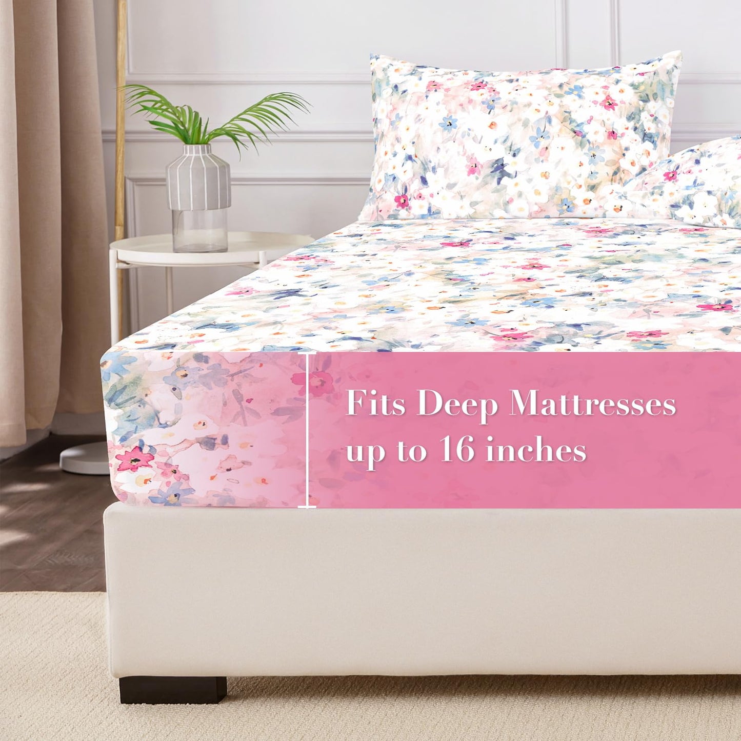 HCORA Floral Fitted Sheet with Pillow Cases, 100% Brushed Microfibre Deep Pocket Fitted Bottom Sheet, Ultra Soft, Shrinkage and Fade Resistant, Full Size