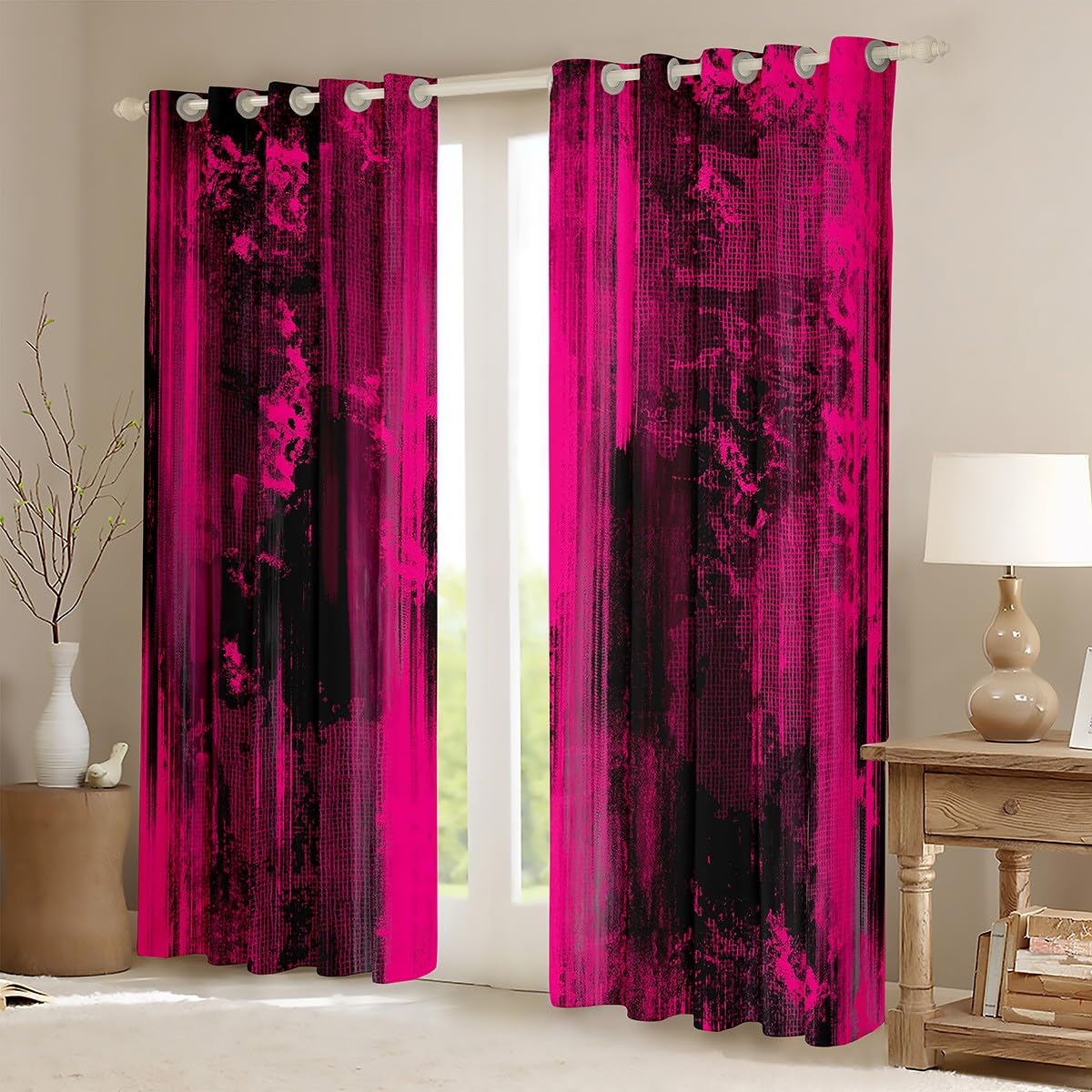 Feelyou Abstract Curtains for Bedroom Living Room Modern Abstract Art Blackout Shades Hot Pink Black Room Darkening Curtain Luxury Window Treatments, 2 Panels 38 x 45 Inch Decor