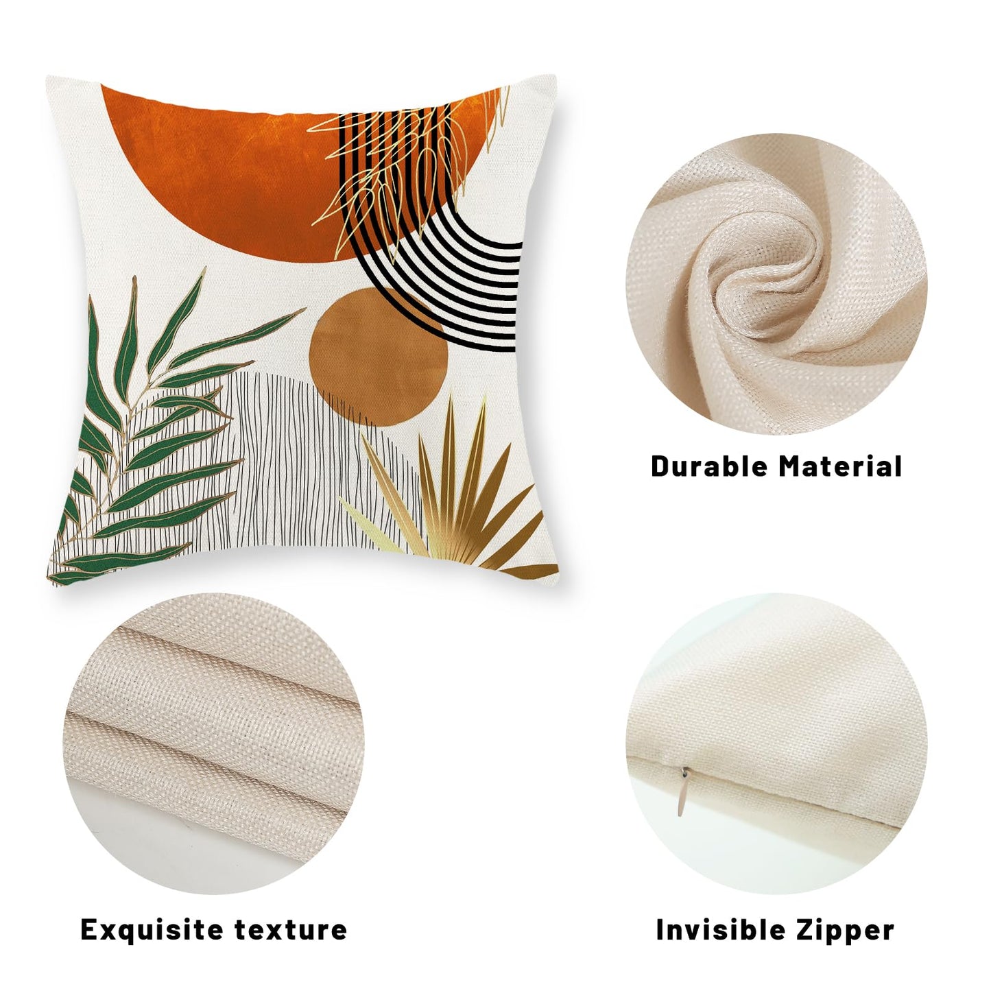 Boho Pillow Covers 18x18 Set of 2 Green Gold Orange Throw Pillows Tropical Leaves Sunset Decor Modern Mid Century Pillowcase Outdoor Decorations Bohemian Linen Cushion Case for Couch Sofa Bed