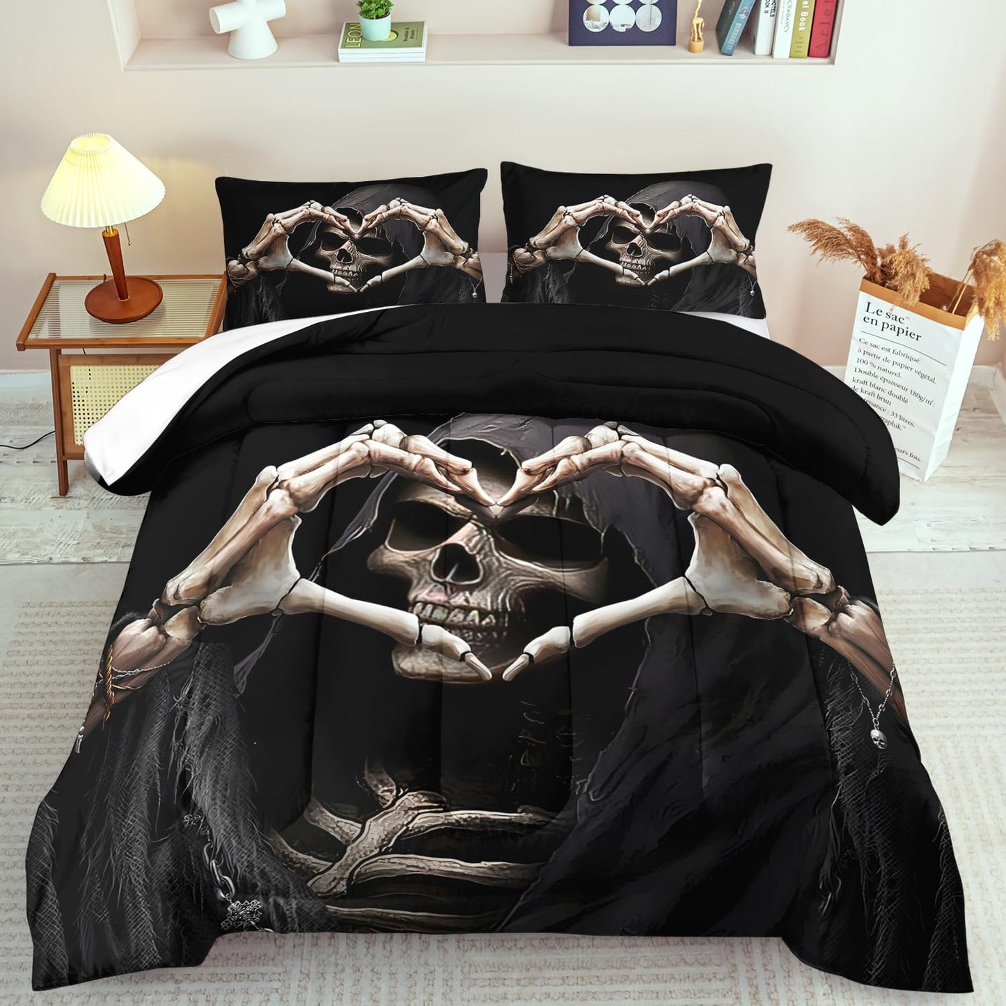 llyxsesty Black Skull Comforter Set Queen Black Goth Comforter Sets for Couple Skull Bedding Girls Medieval Bedding Goth Room Decor Love Heart Bed Quilt Love Home Decor