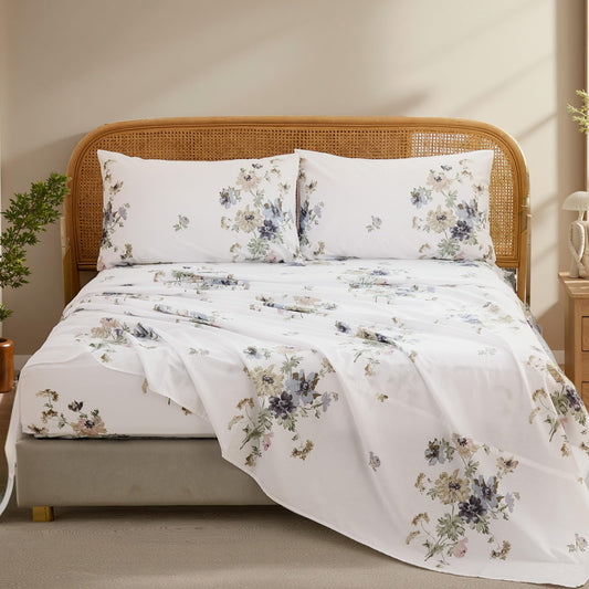 Cozaline 100% Cotton Sheet Set Queen Size – 4-Piece Vintage Chic Floral Bedding Set, Soft Breathable Percale Weave, Deep Pocket Fitted Sheet 17.5", Crisp Cool Feel, Refined Botanical Elegance