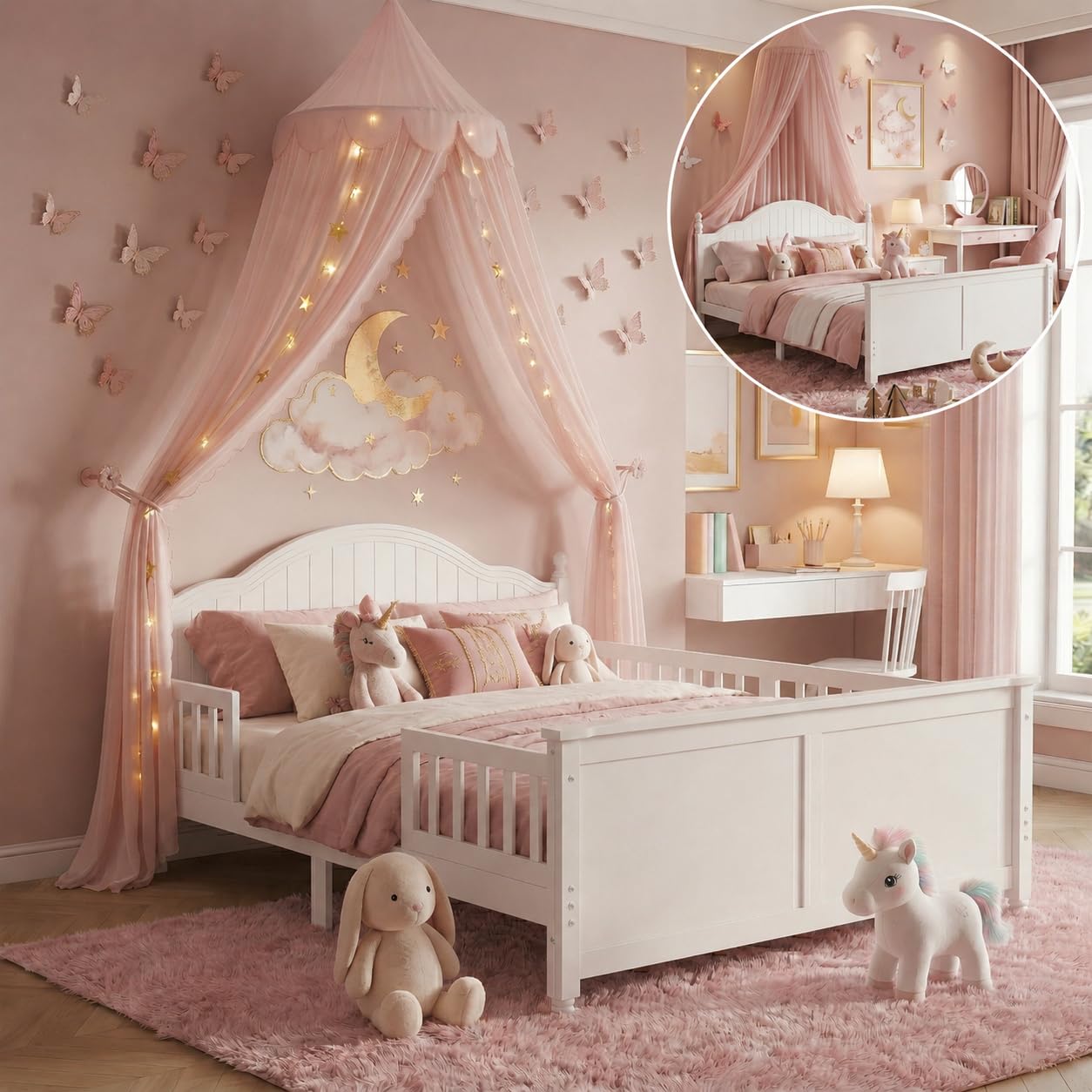 Aurnienofus Full Size Bed Frame Kids with Rails & Headboard, Wooden Low Platform Bed Frames with Detachable Guardrails, Footboard & Slat Support for Kids Girls Boys, Full Beds White
