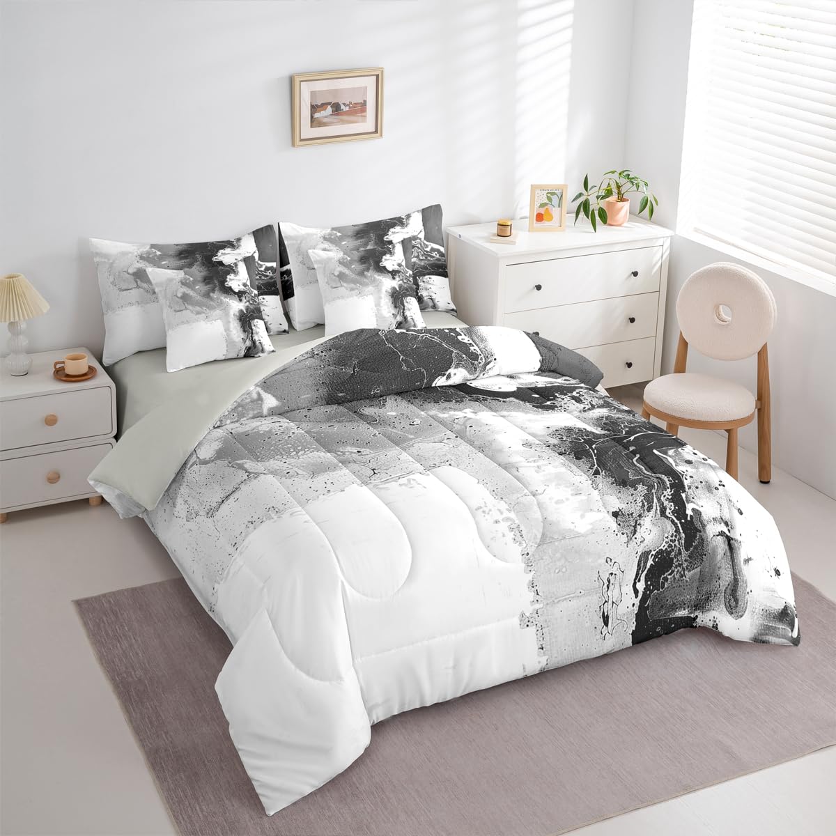Feelyou Abstract King Comforter Set with Sheets for Kids Boys Girls Modern Abstract Art 7 Pieces Bedding Set Luxury Bed in a Bag Geometric Room Decor White Gray Soft Lightweight Microfiber