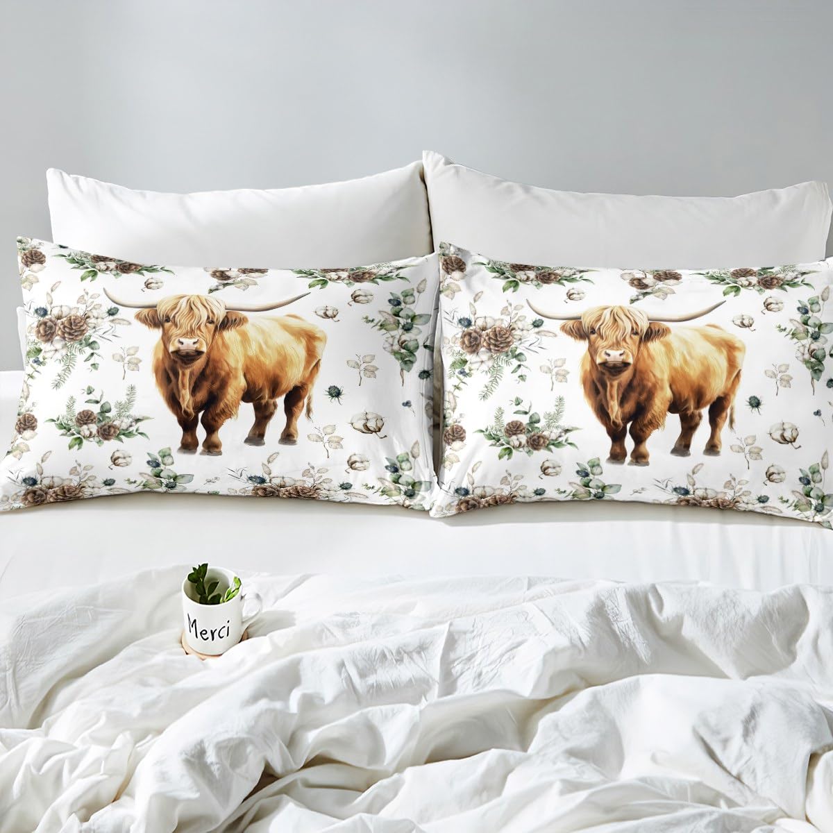 Cute Highland Cow Bed Sheet Set for Kids,Rustic Style Pinecone Fruits Sheets Set,Farmhouse Theme Cattle Animal Home Decor Sheet Sets with Deep Pocket,Top Sheet,1 Pillow Case,Twin