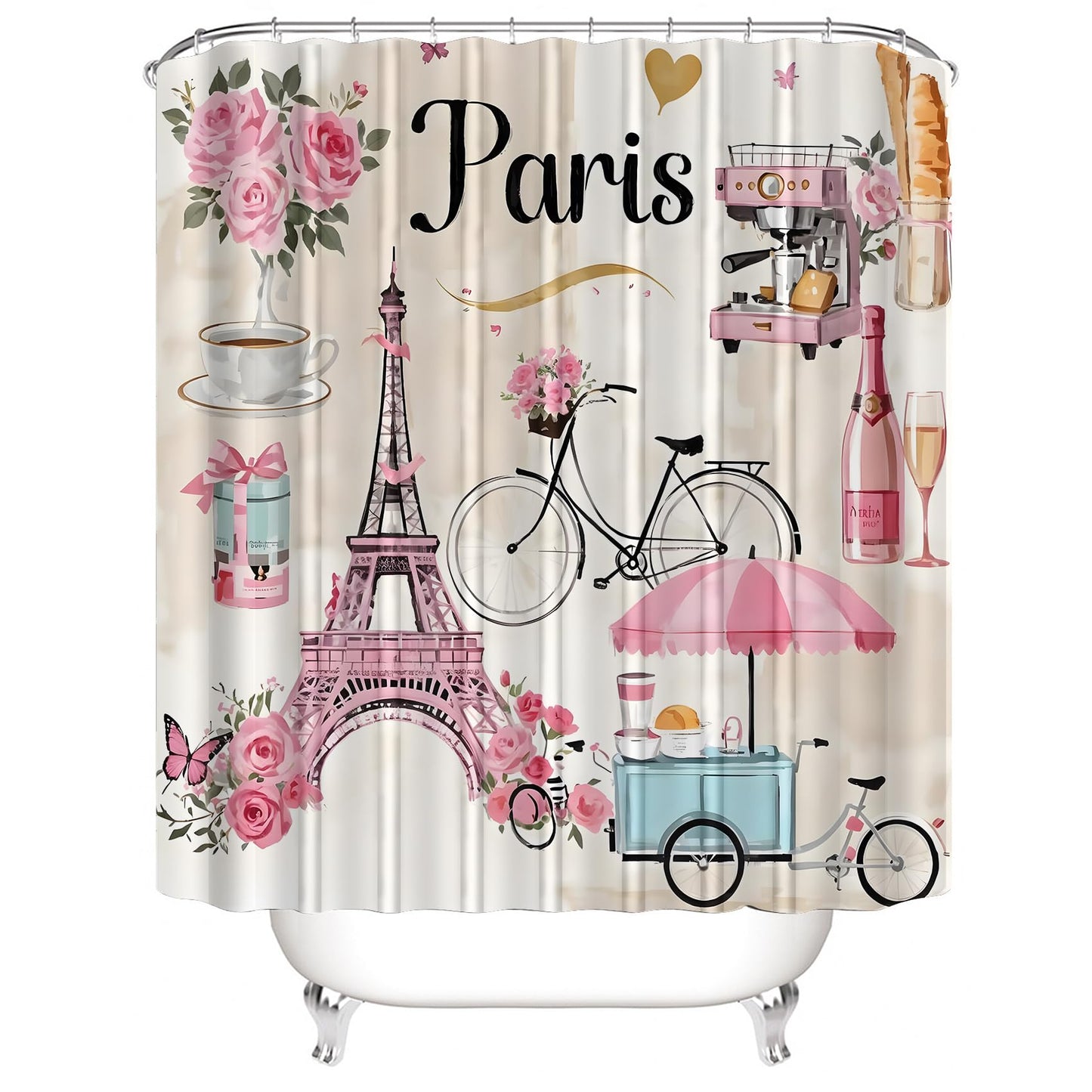Chrainy 4Pcs Paris Eiffel Tower Shower Curtain Sets Bathroom Set Decor with Non-Slip Rugs Bath U-Shaped Mat Toilet Lid Cover Waterproof Pink Romantic Bathroom Curtains Shower Set with 12 Hooks