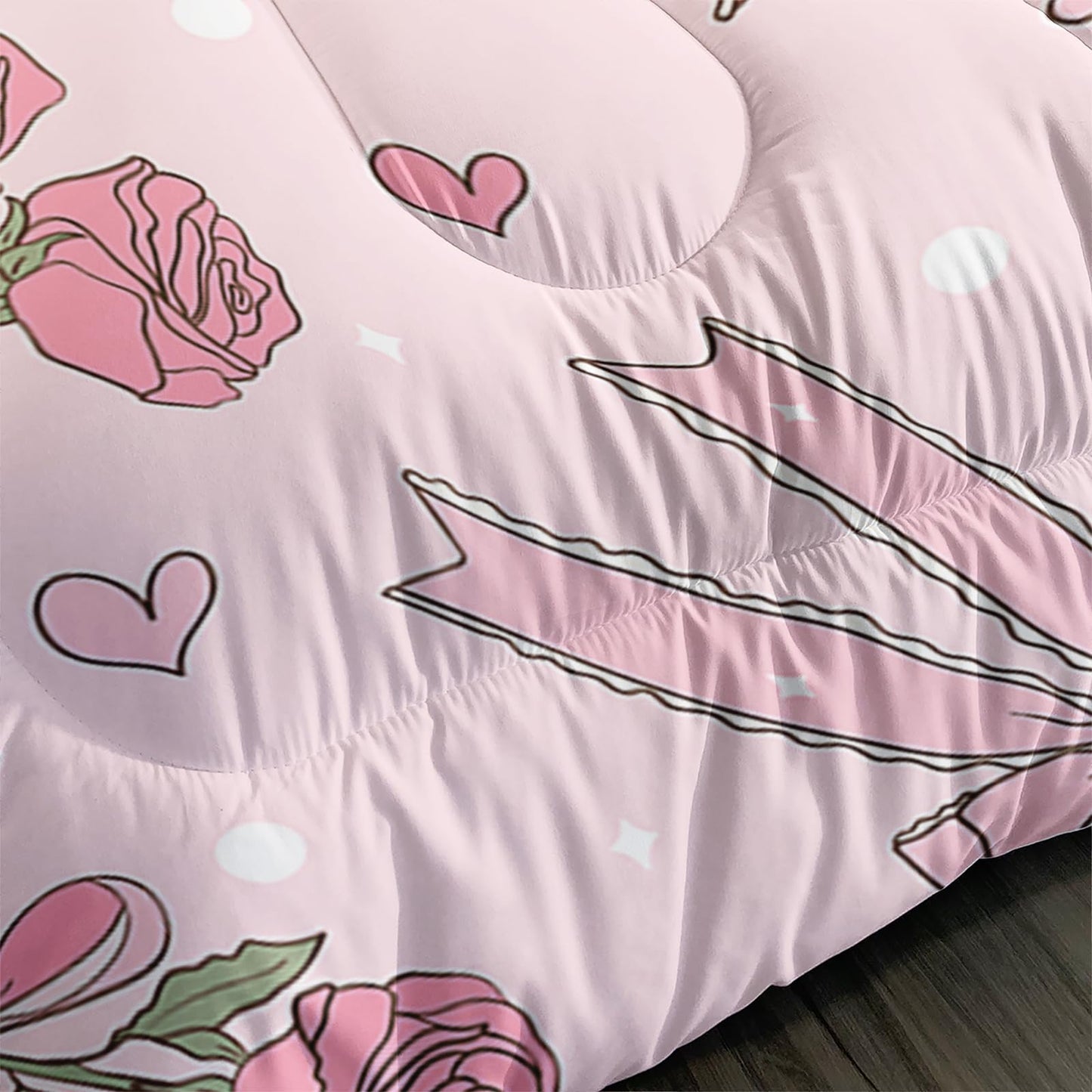 QOOMO 3Pcs Bow Comforter Set Twin,Pink Floral Bedding Set for Teens Boys Girls,Pink Bowknot Printed Comforter with 2 Pillowcases,Down Alternative,Soft and Lightweight