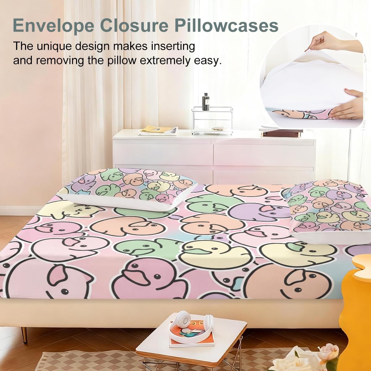ARIGHTEX Pastel Duck Fitted Sheet Set Twin Size, 3 Pieces Cute Kawaii Animal Bedding with Cat & Duck Pattern, Soft Microfiber Bed Sheets for Girls Aesthetic Room Decor Gift