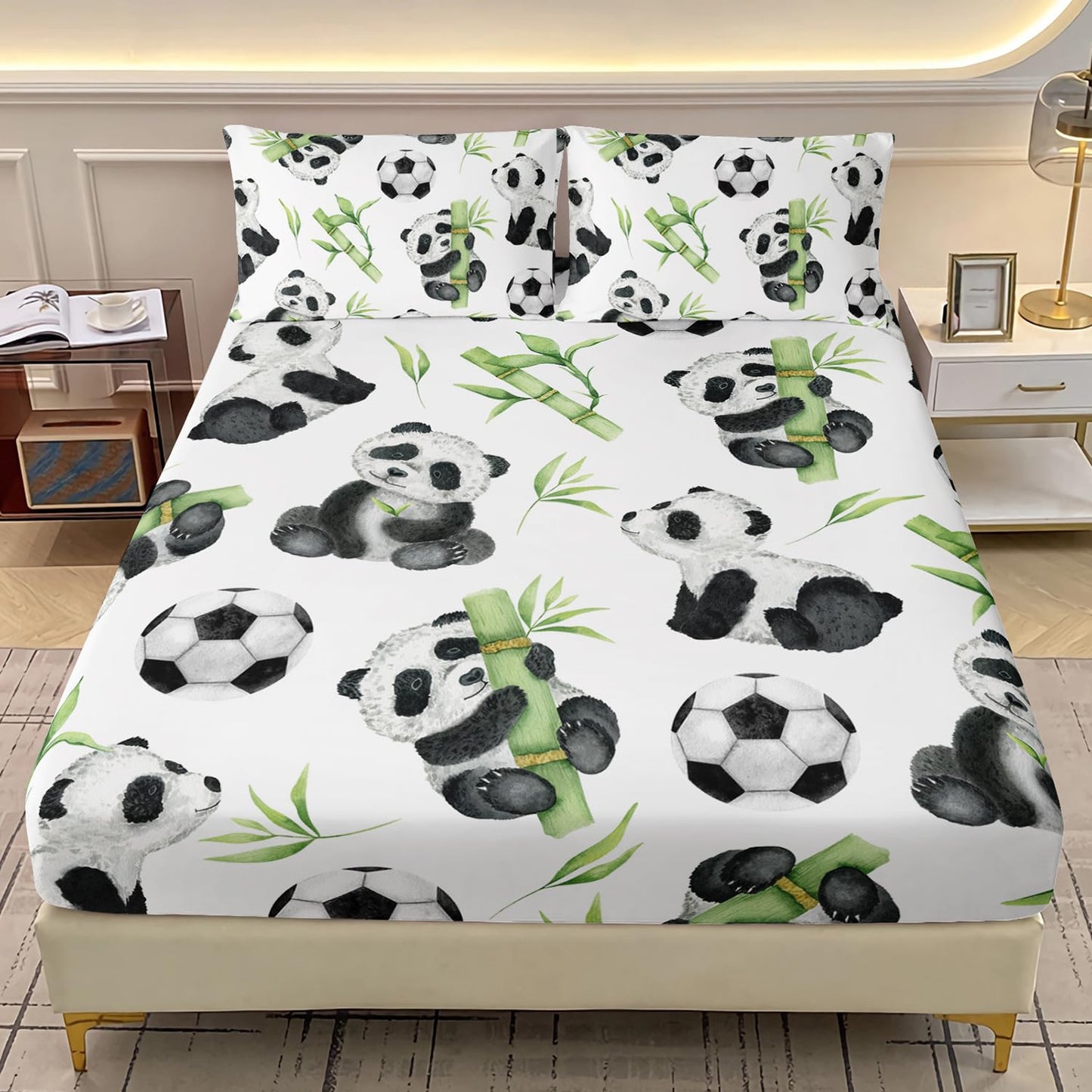 AILONEN Kawaii Fitted Sheet Set, Kids Lovely Panda Bedding Set Twin Size for Boys Girls, Black and White Soccer Print Bamboo Bed Sheet Set 3-Piece, 1 Fitted Sheet + 2 Pillowcases