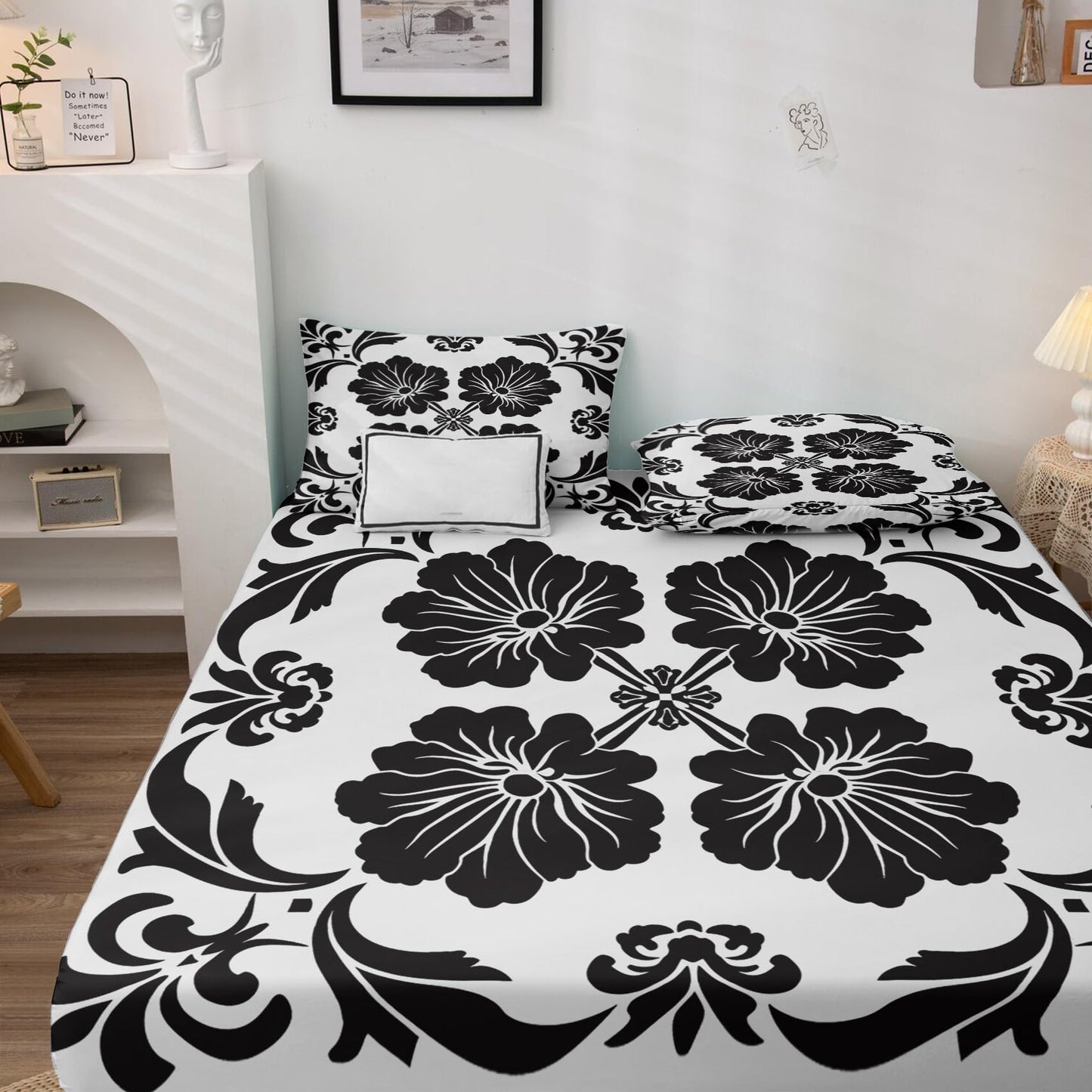 NOGAWA Ethnic Vintage Bohemian Sheets Queen, Black and White Bed Sheets, Deep Pocket & Soft Microfiber Bedding Sheets & Pillowcases 4 Piece - Fitted Sheet & Flat Sheet & 2 Pillow Cases