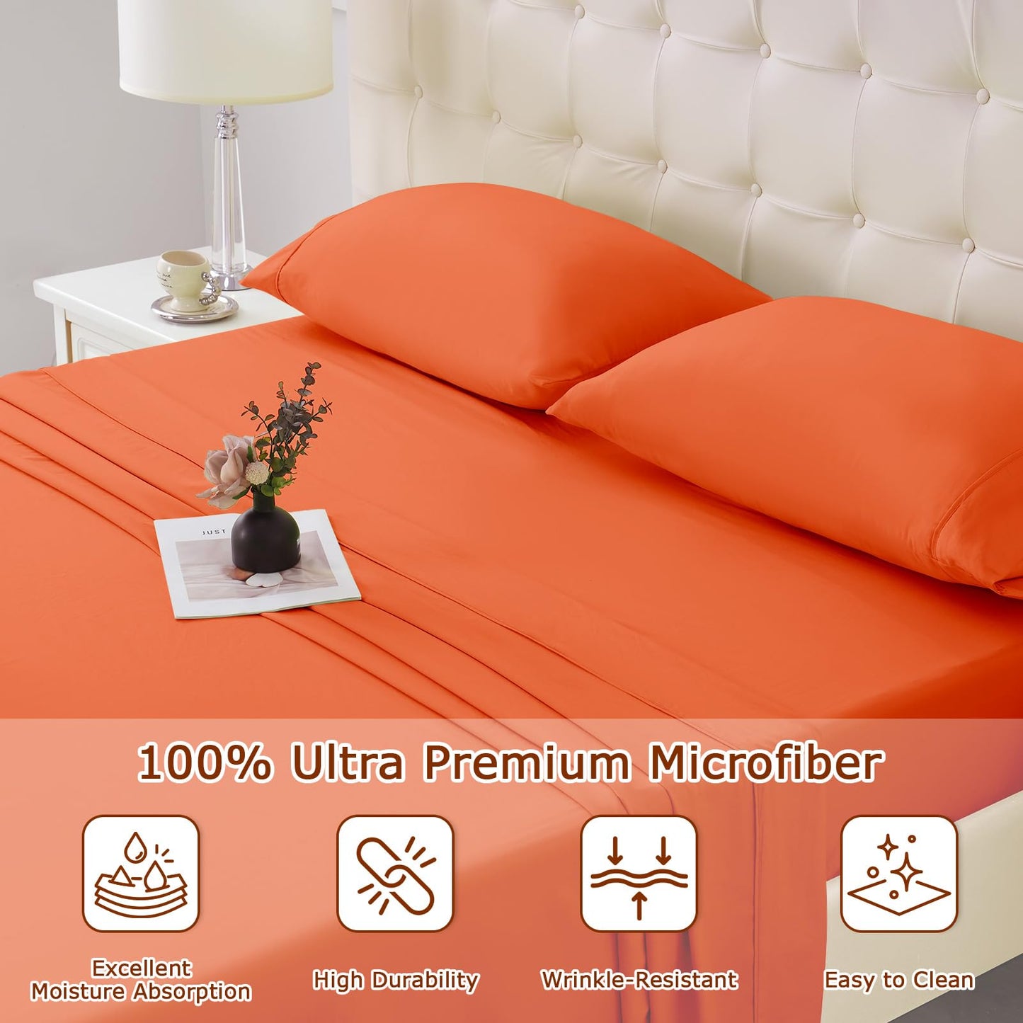 Homilay Queen Size Terracotta Bed Sheet Set - 4 Piece Soft Microfiber Sheets with Deep Pockets, Cooling Technology, and Wrinkle-Free Pillowcase. Hotel-Quality, Durable Bedding, Bright Orange