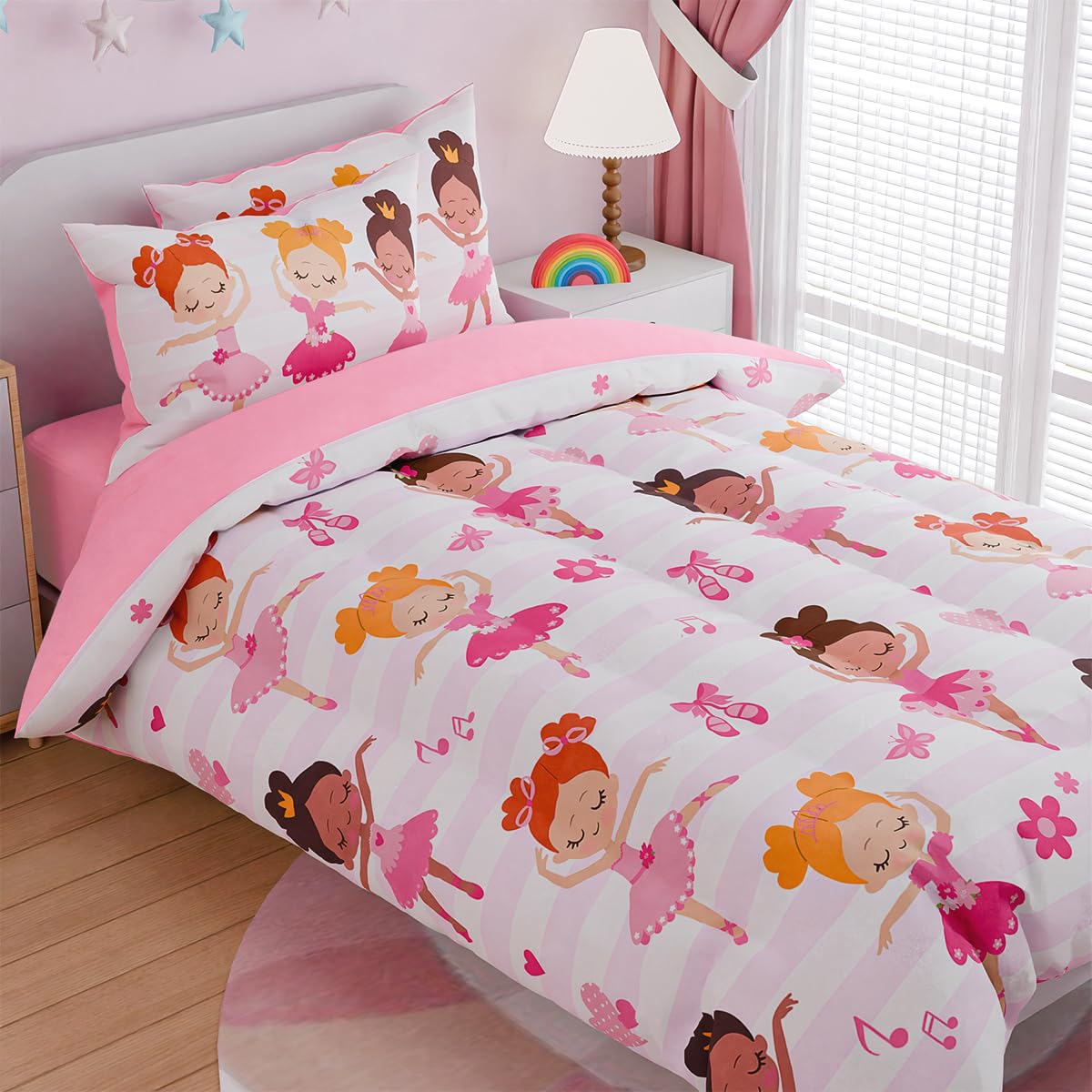 SANDJEST Ballet Twin Bedding Sets for Girls, Ultra Soft Microfiber Comforter Set with 3-Pieces, Comforters Kids Bed Set for Children Teen Tween Bedroom Decor