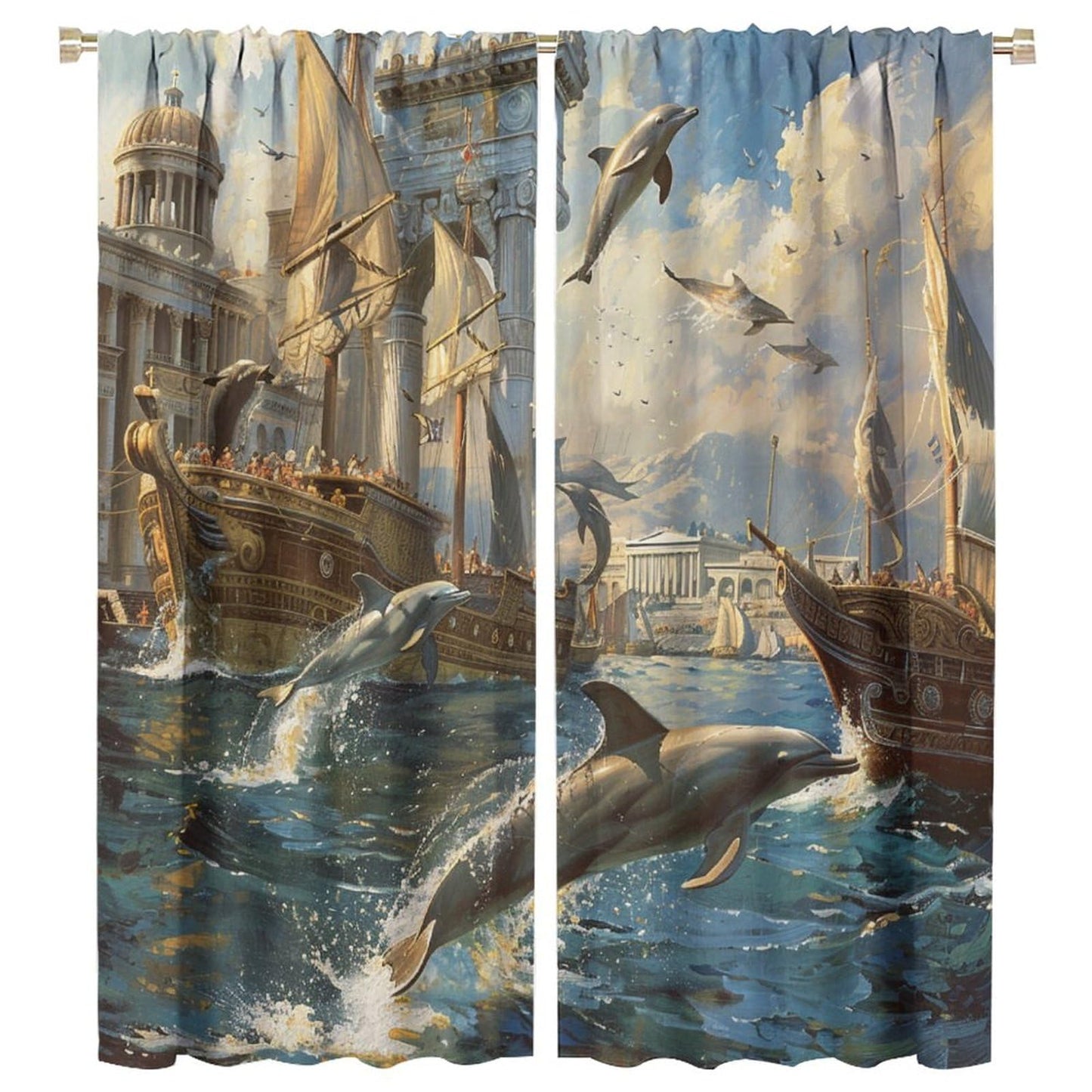 TOWINSFB Medieval Building Dolphin Blackout Curtains for Bedroom Living Room, Nautical Sailboat Seagull Ocean Thermal Insulated Room Darkening Curtain - 42" W x 45" L