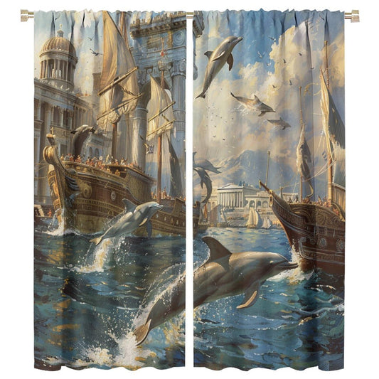 TOWINSFB Medieval Building Dolphin Blackout Curtains for Bedroom Living Room, Nautical Sailboat Seagull Ocean Thermal Insulated Room Darkening Curtain - 42" W x 45" L