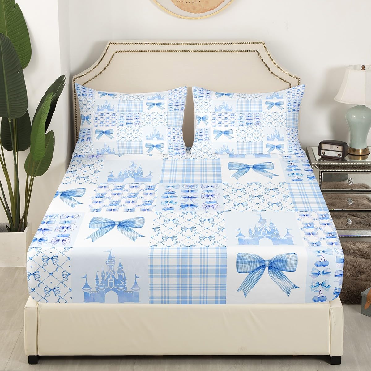 Blue Bowknot Fitted Sheet Full Size,Cherry Bow Tie Castle Princess Dreamy Bedding Set,Girls Women Room Decor,Geometric Plaids Patchwork Bed Cover,Beauty Fashion Bed Sheet,2 Pillowcases