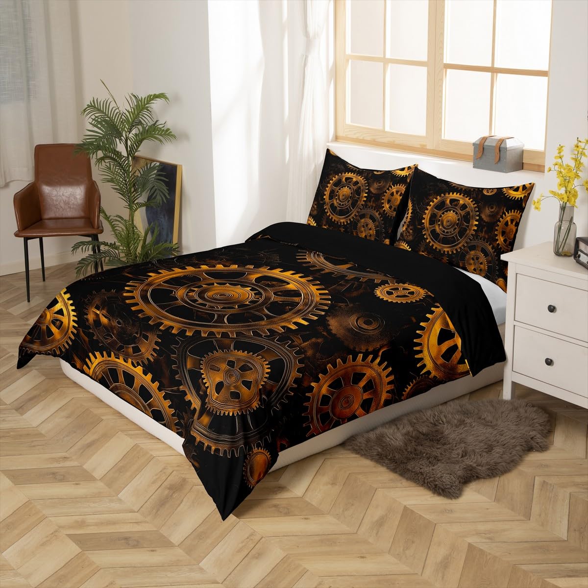 Erosebridal Golden Ndustrial Gear Bedding Set Full Size Steampunk Style Duvet Cover Clocks Theme Comforter Cover for Boys Men Mechanical Device Bedspread Cover, Black