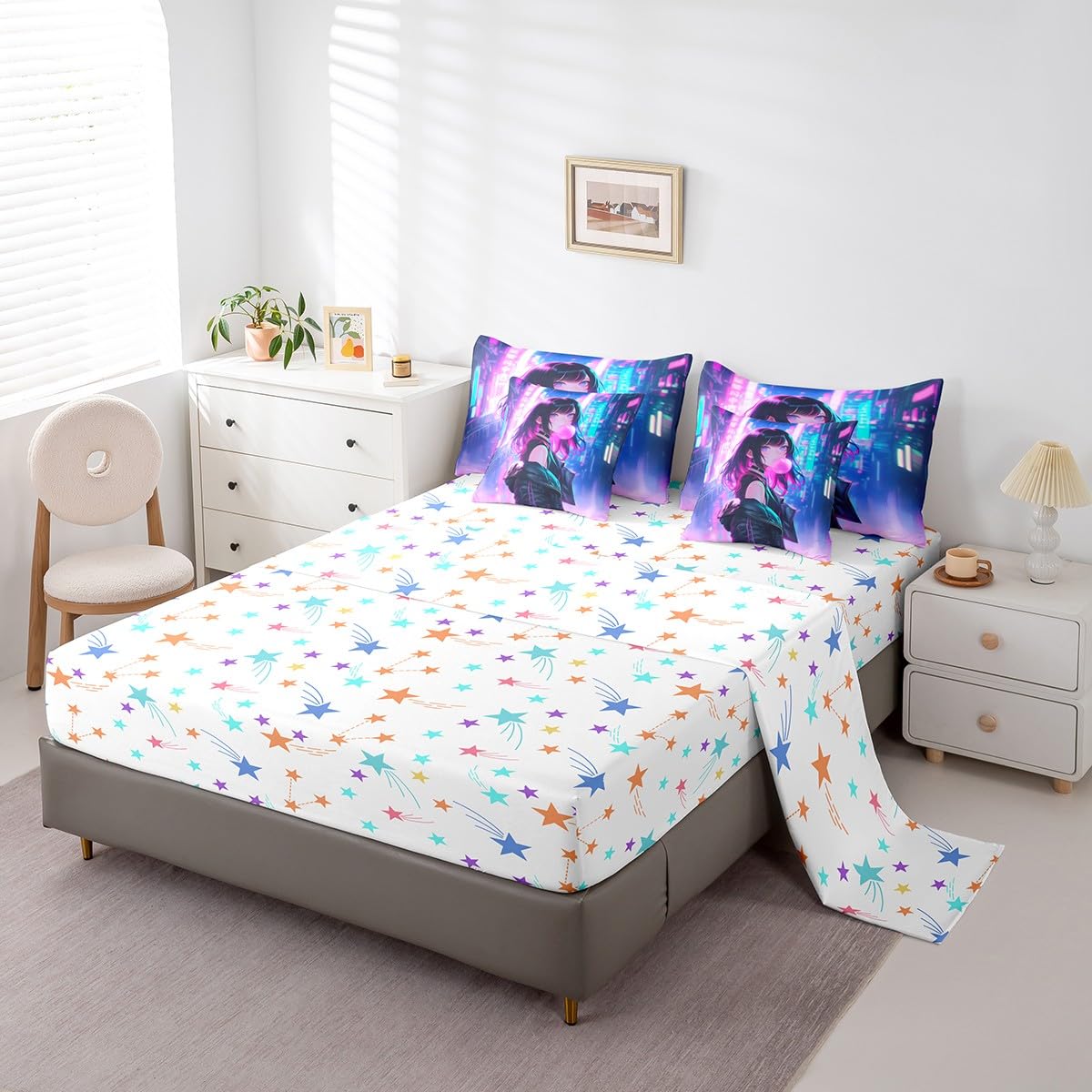 Erosebridal 7 Piece Anime Girl Comforter Set with Sheet Twin Size, Kawaii Japanese Anime Bedding Set for Kids Boys Teens Adult Women, Cartoon Girl Bed in a Bag Japan Animation Bedroom Decor