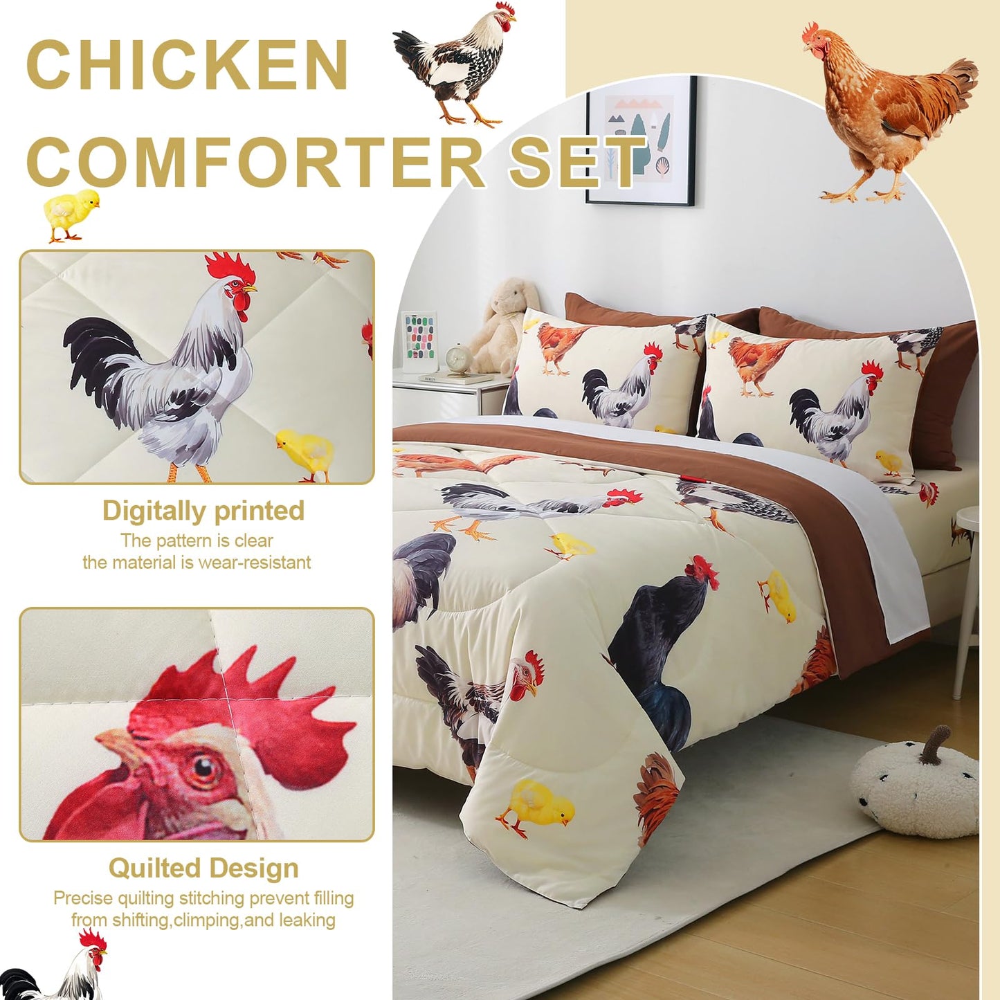 Wajade Chicken Comforter Set 7 Pcs Animal Theme Bedding Set Queen Size for Kids Adults Chicken Quilt Farm Theme Printed Pattern for Thanksgiving Birthday