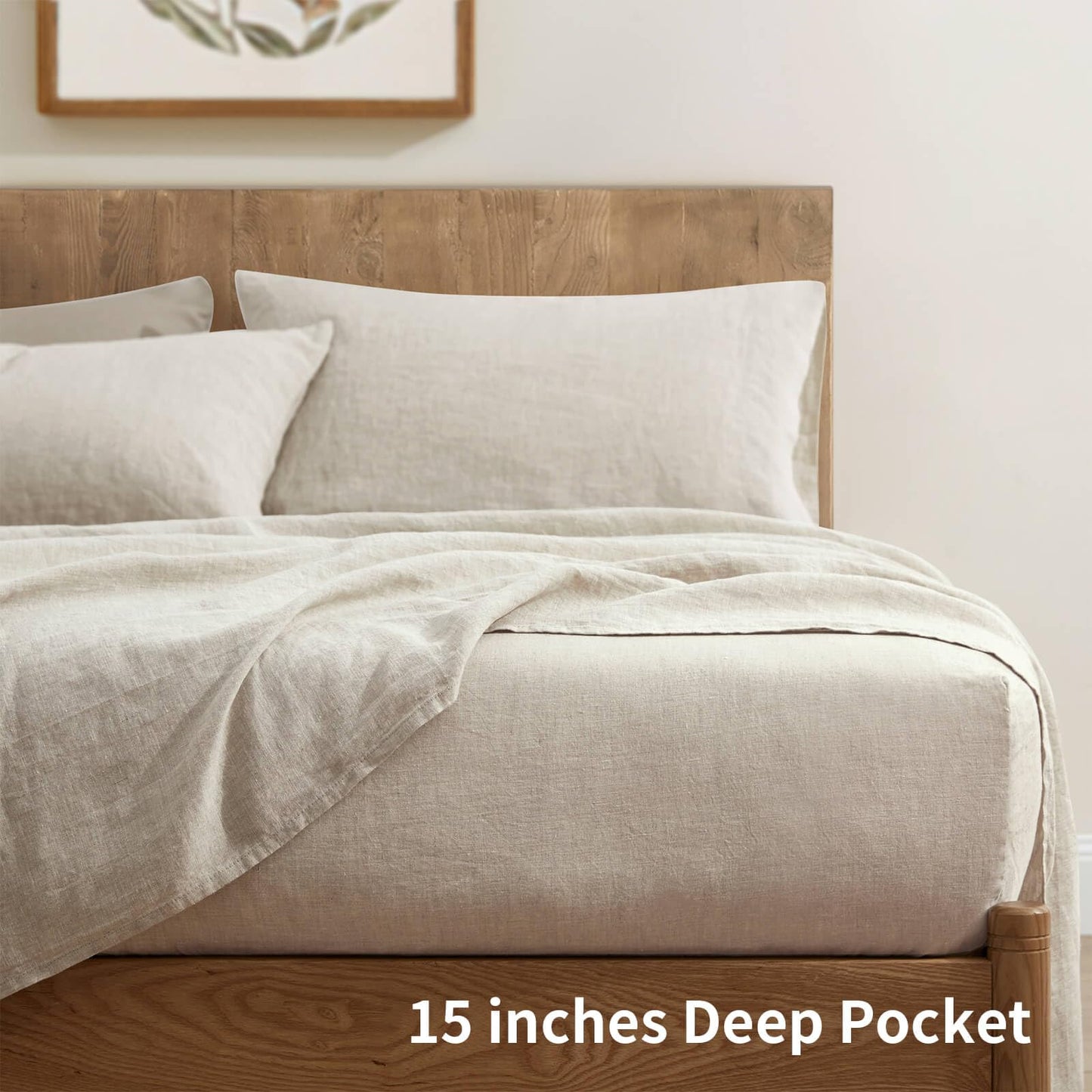 ATLINIA 100% Pure Flax Linen Bedding Set - Stone Washed French Linen Fabric Deep Pocket Fitted Sheet Farmhouse Flat Sheet 2 Pillowcases (Natural, Queen)