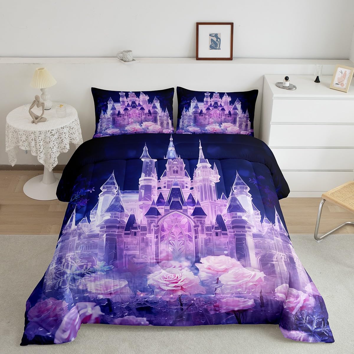Erosebridal Purple Pink Princess Twin Bedding Set for Girls Kids,Romantic Rose Floral Comforter Set for Women,Magical Castle Toddler Bedding Set Kawaii Room Decor,Snowflake Flowers Quilt Bed Set 2Pcs