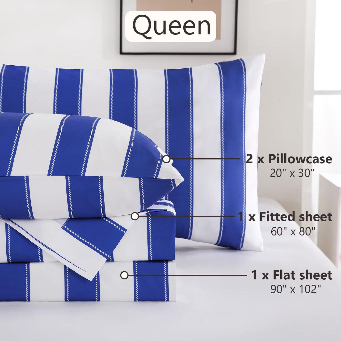 MCO 4Pieces Striped Sheets Set, Breathable Queen Sheet Set with 16" Deep Pocket,Modern & Luxury, Brushed Microfiber Bedding Set(Queen, Navy Blue)