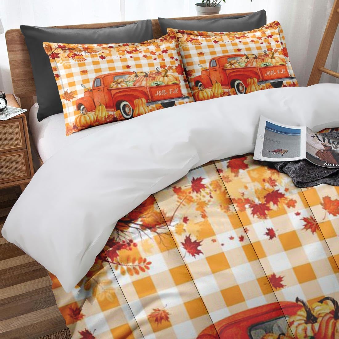 Nesphy Fall Plaid Retro Truck King Comforter Set, Autumn Pumpkin Leaves Thanksgiving Bedding Set 3 Piece, All Season Soft Toddlers Children Adults Bedroom Bed Decoration Comforter and 2 Pillow Shams