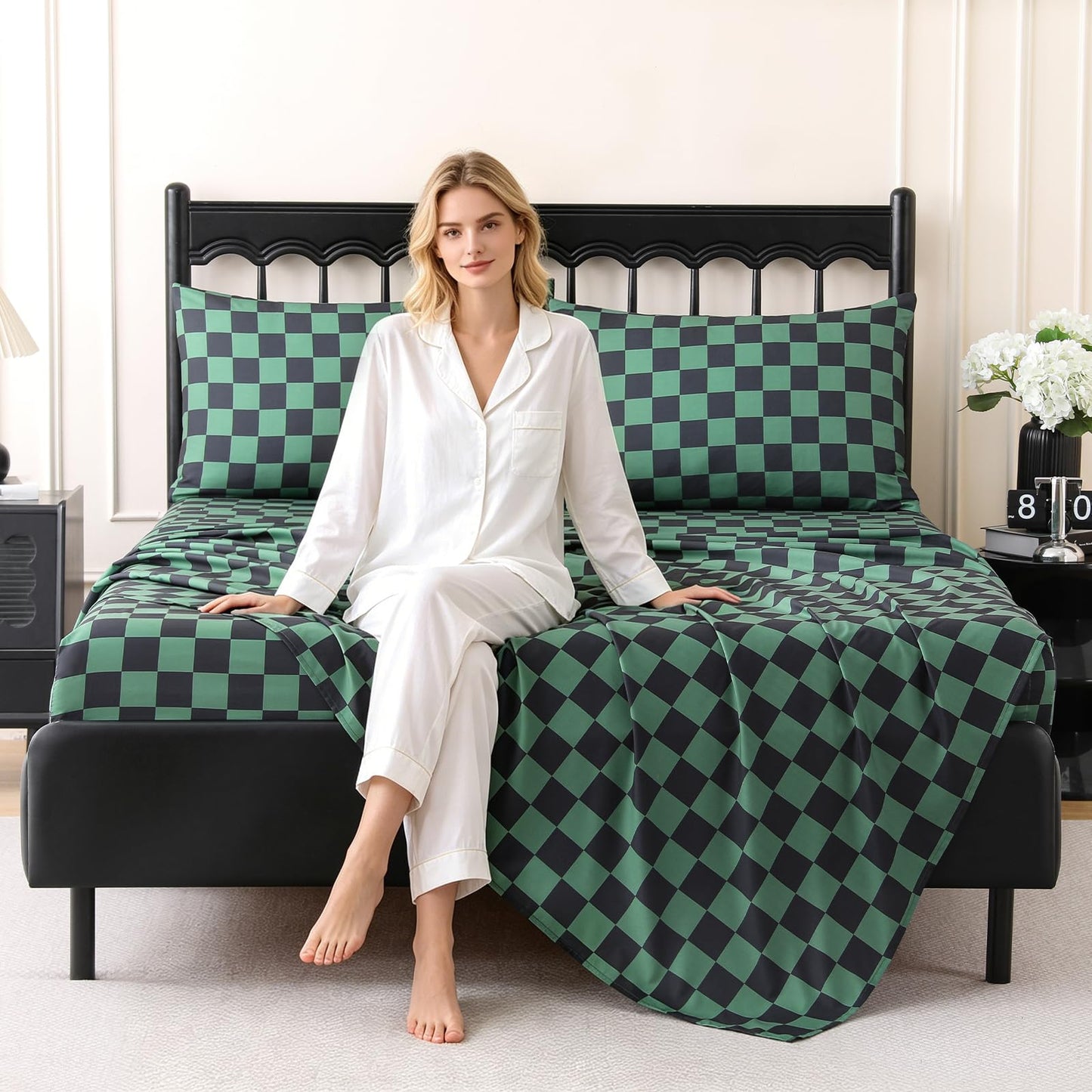 MICORAL Queen Sheet Set Green Gingham Plaid, 4-Piece Brushed Microfiber Taupe Grid Bed Sheets, 16" Deep Pocket, Ultra Soft & Cooling Sheet, Oeko-TEX Certified, Green Black Checkered