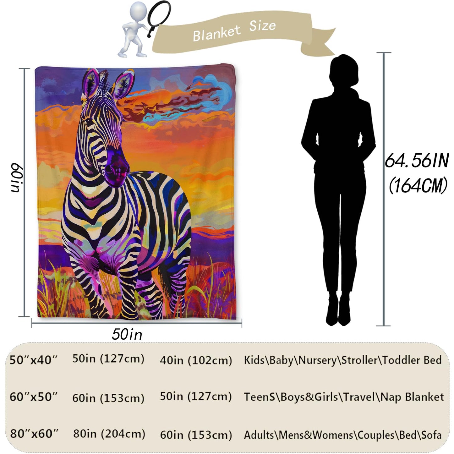 Ti Caldi Hand Drawn Zebra Blanket | Soft Warm Fuzzy Lightweight Animal Flannel Throw Blanket Perfect for Couch, Bed, Decor, Travel & Outdoor Use, Cozy Blankets for Adults Kids Boys Girls 60×50 in
