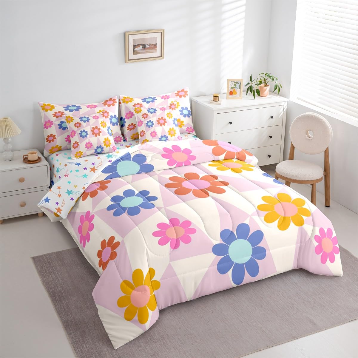 Erosebridal Daisy 7 Pcs Bedding Set for Teen Girls Cute Flower Comforter Set with Sheets Twin Size for Kids Young Women Children Cartoon Floral Bed in A Bag Abstract Aesthetic Geometric Bed Sets